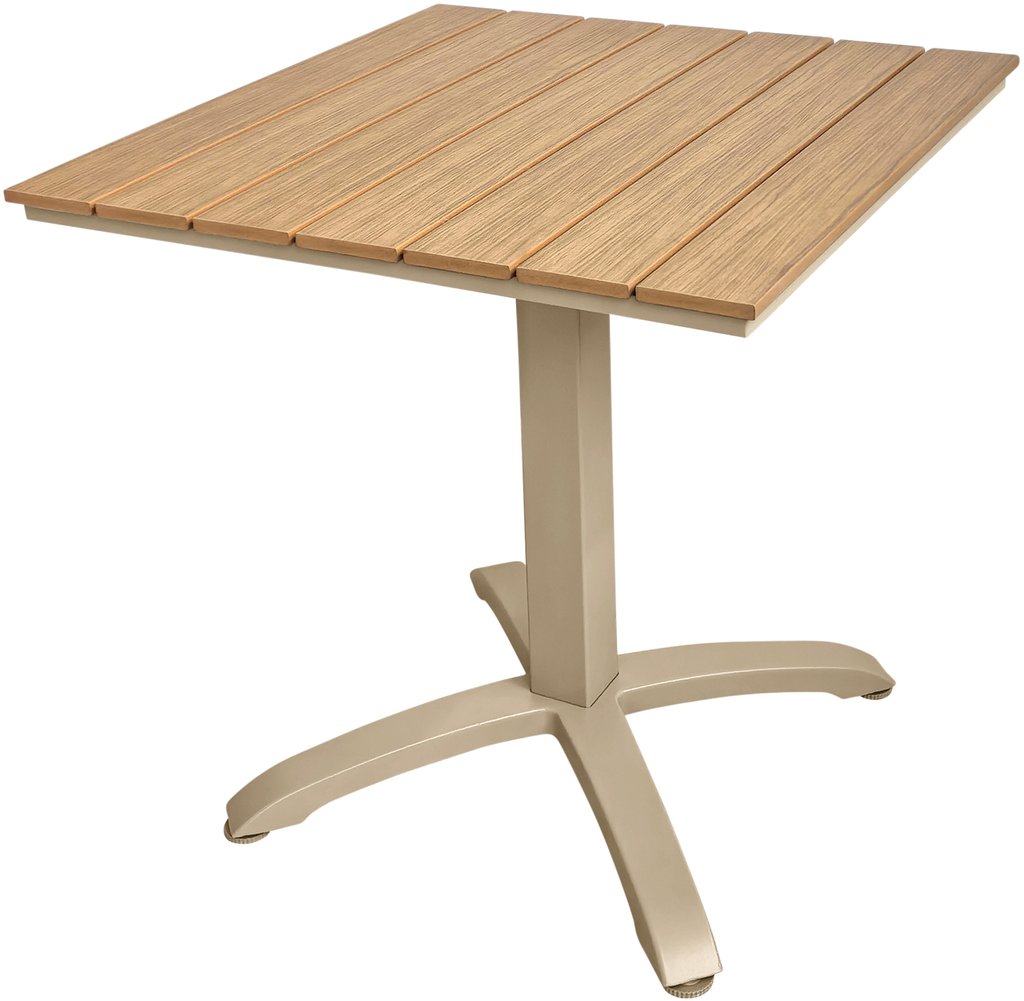 Albury ruokapöytä 70x70 taupe alumiini / tiikki easywood: Tyylikäs 70x70 cm taupe ruokapöytä alumiinista ja tiikistä, täydellinen terassille tai parvekkeelle. Kestävä ja moderni valinta ulkokäyttöön.