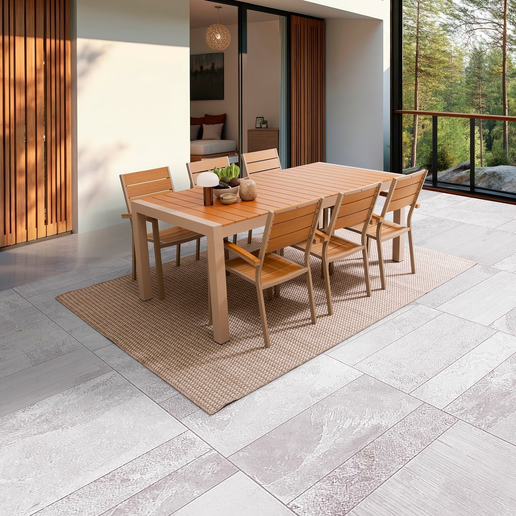 Albury ruokailuryhmä jatkettava 205/275x95cm kahdeksalle: Tyylikäs Albury jatkopöytä (205-275x100cm) ja 8 tuolia, täydellinen ruokailuryhmä ulos terassille tai puutarhaan. Kestävä alumiini ja tiikki.