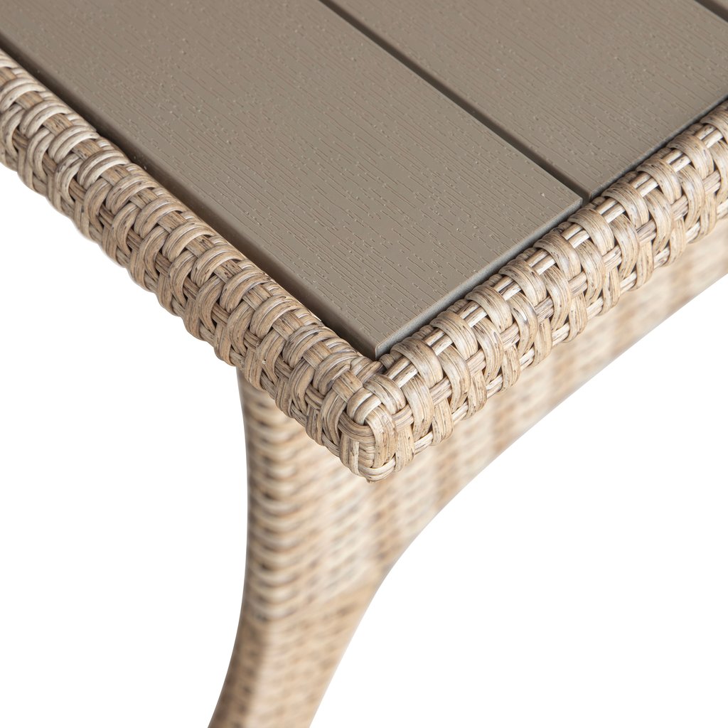 Savona sohvapöytä 144x67cm, harmaa/beige polyrottinki: Tyylikäs korkeapöytä terassille tai puutarhaan, vaaleanharmaa polyrottinki ja harmaa nonwood. Erinomainen lisäkaluste ulkotiloihin.