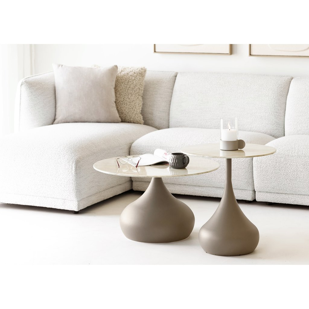 House Nordic sohvapöytäsetti, metalli/karkaistu lasi, khaki, ø70x42 ja ø50x54 cm