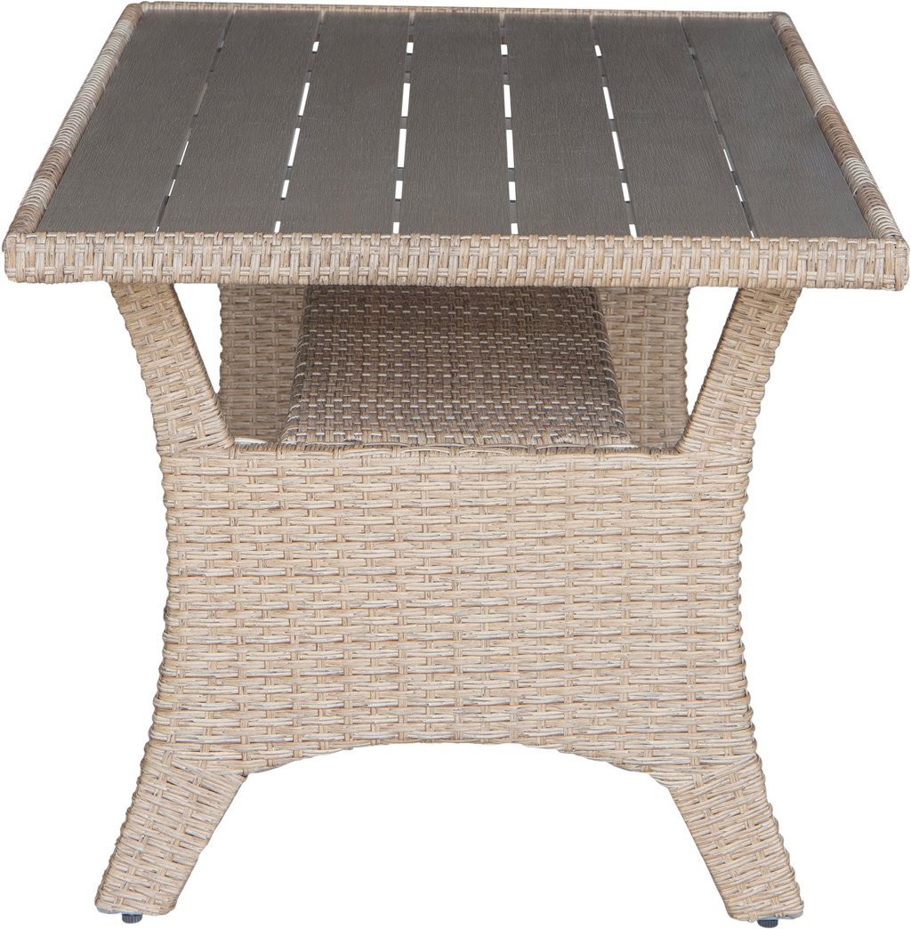 Savona sohvapöytä 144x67cm, harmaa/beige polyrottinki: Tyylikäs korkea sohvapöytä vaaleanharmaasta polyrottingista, täydellinen terassille tai puutarhaan. Kestävä ja helppohoitoinen valinta ulkokalusteisiin.