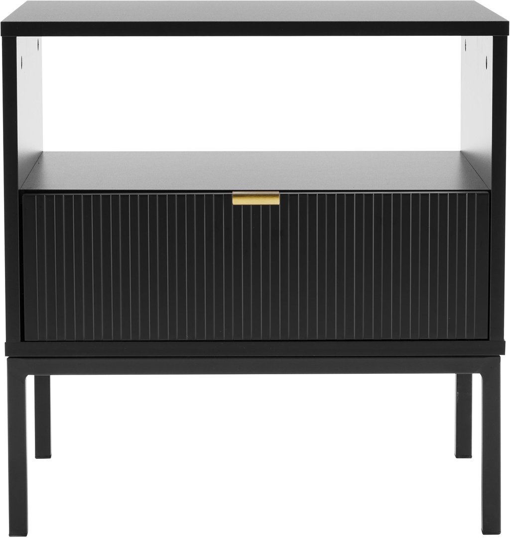 Caisa yöpöytä musta: Tyylikäs musta yöpöytä, joka tuo modernia ilmettä makuuhuoneeseen. Erinomainen säilytyskaluste kirjoille ja pienille esineille.