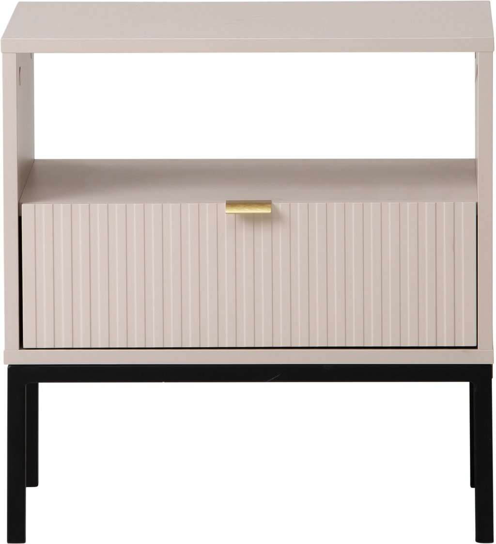 Caisa yöpöytä beige: Tyylikäs greige-yöpöytä, joka tarjoaa käytännöllistä säilytystä makuuhuoneeseen. Erinomainen valinta moderniin sisustukseen.