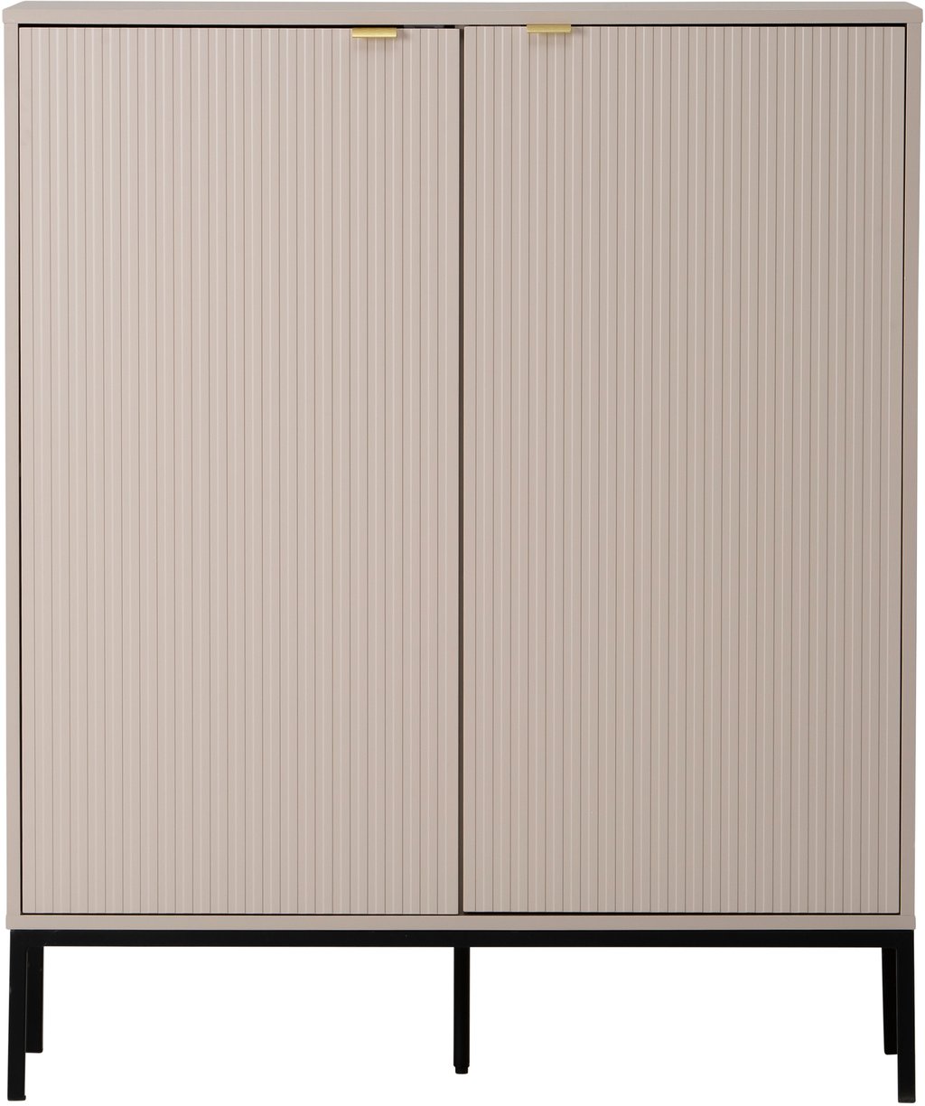 Caisa kaappi: Tyylikäs greige-vaatekaappi, joka tuo modernia ilmettä olohuoneeseen tai makuuhuoneeseen. Erinomainen säilytysratkaisu hyllyillä ja tilavilla ovilla.