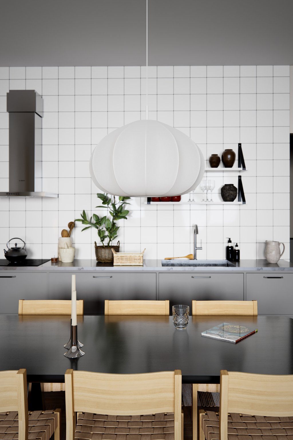 Ebba riippuvalaisin 60cm valkoinen: Tyylikäs valkoinen riippuvalaisin halkaisijaltaan 60 cm. Sopii loistavasti moderniin sisustukseen ruokapöydän tai olohuoneen valaisimeksi.