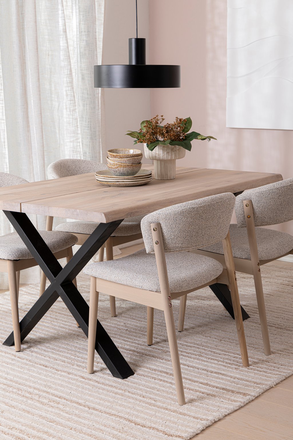Niela & Estelle ruokailuryhmä neljälle 140x95, valkolakattu tammi, x-jalat