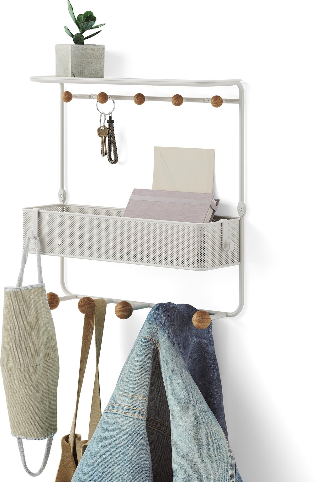 Umbra Estique hylly/naulakko 31x32, valkoinen: Tyylikäs hyllynaulakko eteiseen, yhdistää käytännöllisyyden ja sisustuksen. Erinomainen säilytysratkaisu avaimille ja vaatteille.