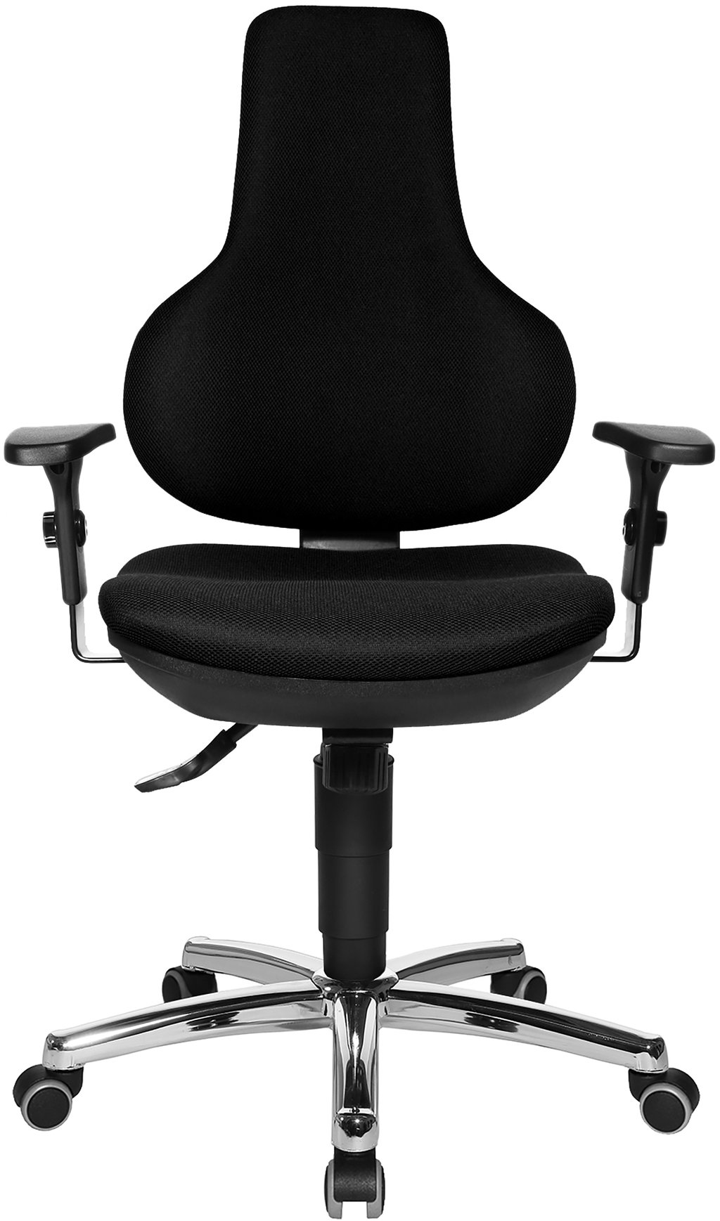 Ergo Point Sy työtuoli,  kromijalka / musta kangas: Ergonominen työtuoli, kromijalka, musta kangas. Sopii toimistoon tai kotiin, tarjoaa mukavuutta ja tukea pitkään työskentelyyn.