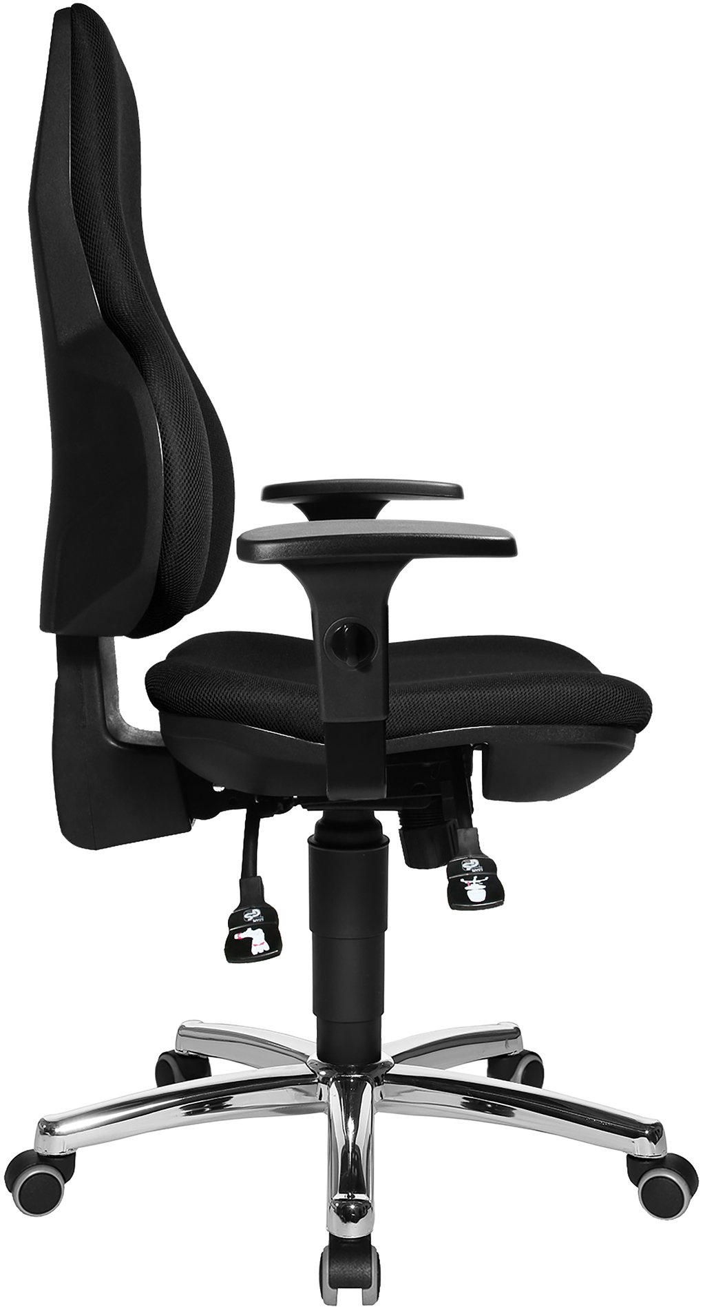 Ergo Point Sy työtuoli,  kromijalka / musta kangas: Ergonominen työtuoli kromijaloilla, musta kangas. Sopii moderneihin toimistoihin ja etätyöpisteisiin. Tarjoaa mukavuutta ja tukea pitkään istumiseen.
