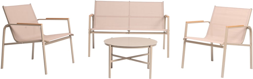 Solar sohvaryhmä 2+1+1 ja sohvapöytä: Tyylikäs taupe-beige sohvaryhmä ulkokäyttöön, täydellinen terassille tai parvekkeelle. Kestävä muotoilu, mukavat istuimet ja moderni ilme.