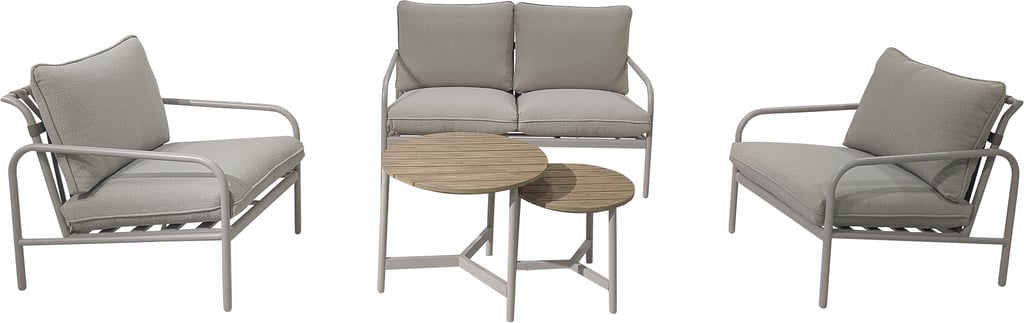 Elegance sohvaryhmä (2+1+1+sohvapöydät) khaki: Tyylikäs ulkosohvaryhmä, jossa khakin väriset pehmusteet ja alumiinirunko. Täydellinen terassille tai parvekkeelle rentoutumiseen.