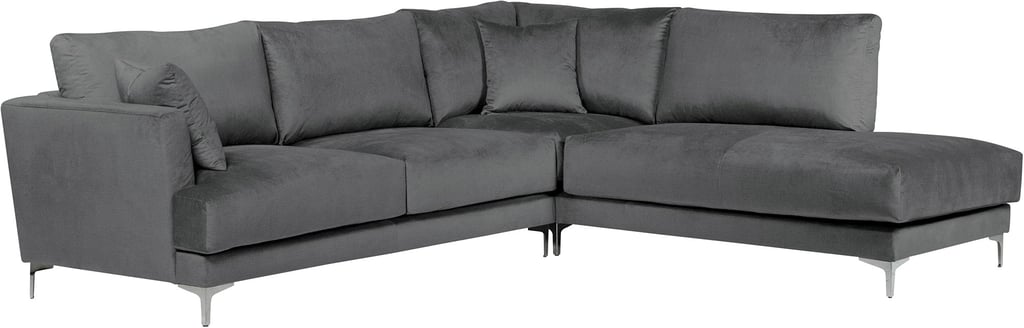 Andango avokulmasohva (oikea) tummanharmaa / kromijalat: Tyylikäs kulmasohva, muokattava malli, kangaspäällyste. Sopii olohuoneeseen moderniin sisustukseen, metallijalat lisäävät ilmeikkyyttä.