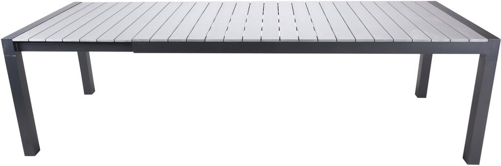 Dakota jatkopöytä 205/275x95cm: Tyylikäs Dakota jatkopöytä mustasta alumiinista ja harmaasta Easywoodista, täydellinen ruokailuryhmä ulos terassille. Kestävä ja moderni design.