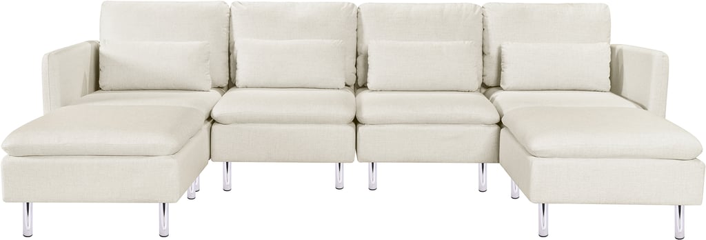 Lotti u-muotosohva, beige: Tyylikäs beige U-muotoinen kangassohva, täydellinen olohuoneeseen. Mukautuva muotoilu ja pehmeä verhoilu tarjoavat mukavuutta ja eleganssia.