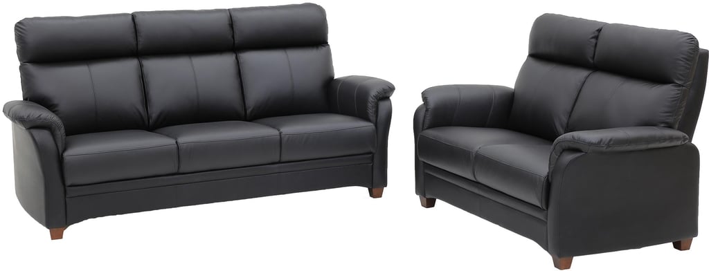 Pasadena sohvakalusto 3+2 musta nahka: Tyylikäs musta nahkasohva, muokattava malli, täydellinen olohuoneeseen. Elegantti design pähkinäpuupinnoilla, tilaa jopa kolmeelle.