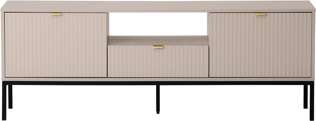 Caisa tv-taso: Tyylikäs greige TV-taso, joka yhdistää säilytyksen ja modernin muotoilun. Sopii täydellisesti olohuoneeseen ja säilyttää kauniisti elektroniikan.