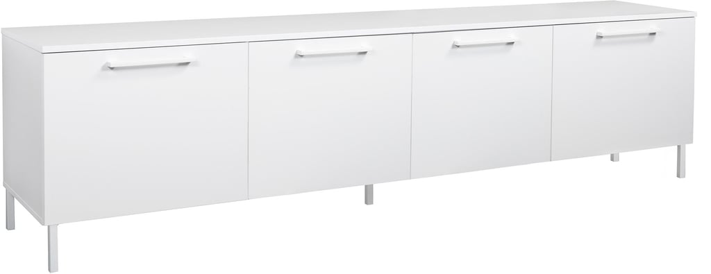 Nauvo TV-taso 220 cm (4 ovea): Tyylikäs valkoinen TV-taso, jossa lisäovet. Ihanteellinen olohuoneen säilytyskalusteeksi, yhdistää käytännöllisyyden ja modernin muotoilun.