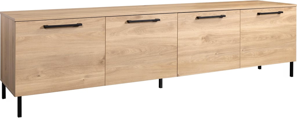 Nauvo TV-taso 220 cm (4 ovea): Tyylikäs Nauvo TV-taso hunajatimessä, 220 cm, lisäovilla. Yhdistää säilytyksen ja kauniin muotoilun olohuoneeseen. Täydellinen ratkaisu elektronisten laitteiden ja sisustuksen yhdistämiseen.