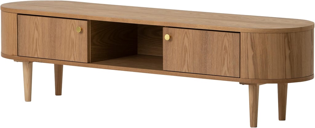 Rotondo tv-taso 160 cm: Tyylikäs Rotondo-tv-taso natural saarni viilusta, täydellinen olohuoneen säilytyskaluste. Moderni muotoilu, tilavat hyllyt ja kestävä rakenne.