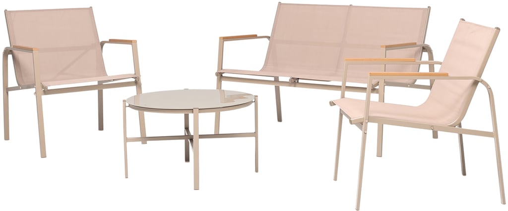 Solar sohvaryhmä 2+1+1 ja sohvapöytä: Tyylikäs ulkosohvaryhmä taupe-beige, täydellinen parvekkeelle tai terassille. Kestävä muotoilu ja mukavat tyynyt tarjoavat rentoutumisen hetkiä ulkona.