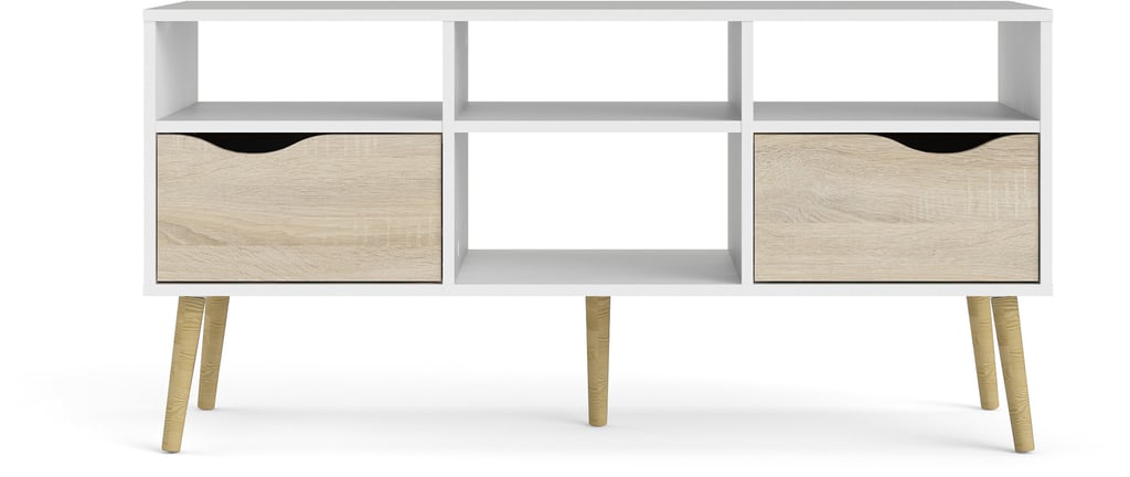 Oslo tv-taso 117cm valkoinen/tammi: Tyylikäs Oslo TV-taso, 117 cm, valkoinen ja tammi. Moderni säilytysratkaisu olohuoneeseen. Täydellinen televisiolle ja mediatarvikkeille.