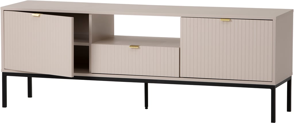 Caisa tv-taso: Tyylikäs greigen sävyinen TV-taso olohuoneeseen, tarjoaa tilaa laitteille ja säilytykselle. Moderni design täydentää sisustusta.