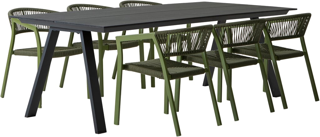 Messina & Elegance ruokailuryhmä 220x100 kuudelle: Tyylikäs ulkoruokailuryhmä, musta pöytä (220x100 cm) ja 6 pinottavaa vihreää tuolia. Loistava valinta terassille tai puutarhaan.