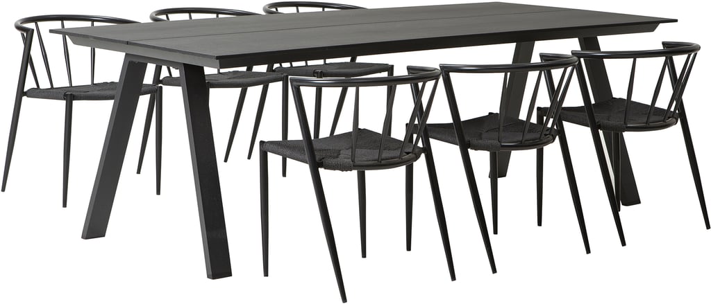 Messina & Deco ruokailuryhmä 220x100 kuudelle: Tyylikäs Messina ulkoruokailuryhmä, jossa 220x100 cm pöytä ja kuusi mustarunkoista Deco-tuolia. Ihanteellinen terassille tai puutarhaan.