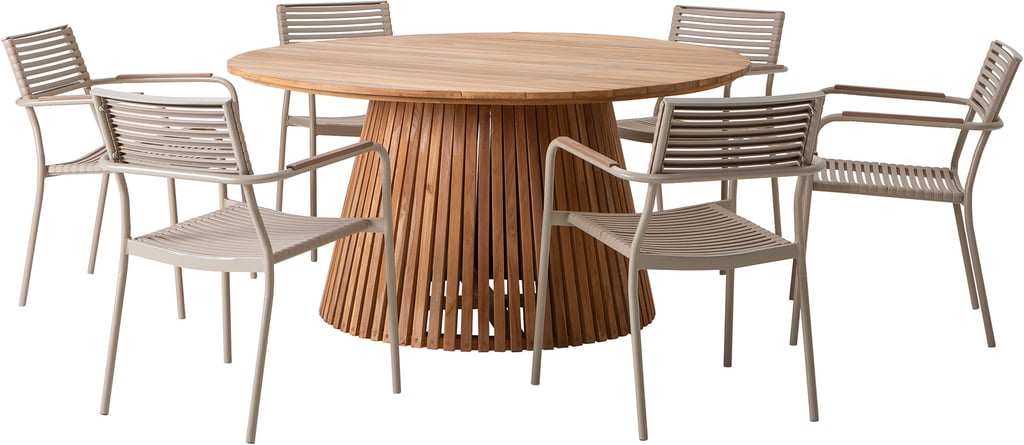 Deco & Calle ruokailuryhmä pyöreä 150cm kuudelle: Tyylikäs pyöreä Deco-pöytä ja kuusi pinottavaa tuolia, luonnollista tiikkiä. Ihanteellinen ulkoruokailuryhmään terassille tai puutarhaan.