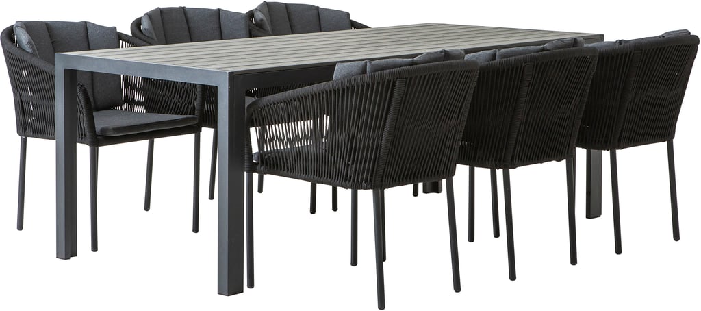 Dakota & Victoria ruokailuryhmä 205x90 kuudelle: Tyylikäs ja kestävä ruokailuryhmä ulkokäyttöön, musta-harmaa Dakota-pöytä (205x90 cm) ja 6 Victoria-tuolia. Täydellinen terassille tai puutarhaan.