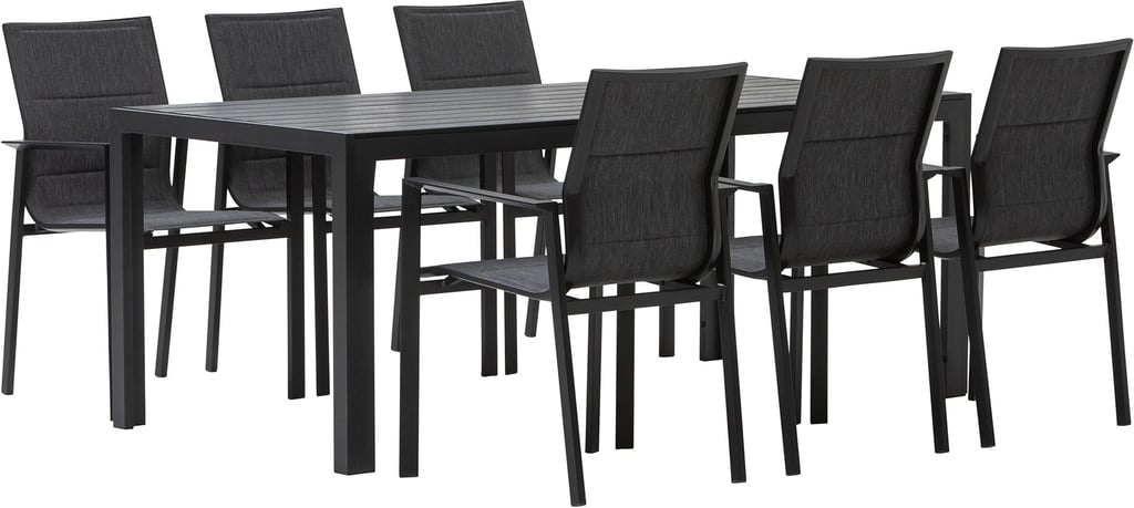 Dakota & Newark ruokailuryhmä 205x90 kuudelle: Tyylikäs musta-harmaa ruokailuryhmä ulos, 205x90 cm pöytä ja Newark-tuolit. Erinomainen valinta terassille tai puutarhaan. Kestävä ja kaunis.