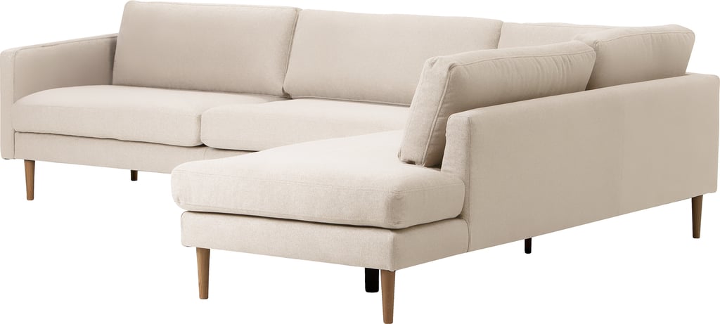 Copenhagen Nordic avokulmasohva (oikea), Soro 21 beige / tammijalat: Tyylikäs avokulmasohva, beige verhoilu ja tammijalat. Erinomainen valinta olohuoneeseen, moderniin sisustukseen. Mukautettava ja tilaa säästävä.