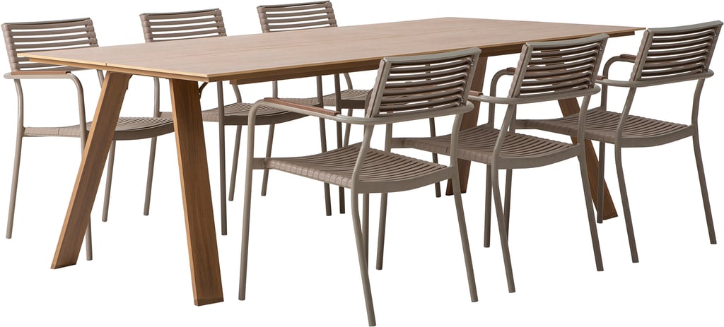 Messina & Calle ruokailuryhmä 220x100 kuudelle: Tyylikäs Messina ulkokalusteiden ruokailuryhmä, jossa tilava pöytä (220x100 cm) ja 6 pinottavaa tuolia. Sopii täydellisesti terassille tai puutarhaan.