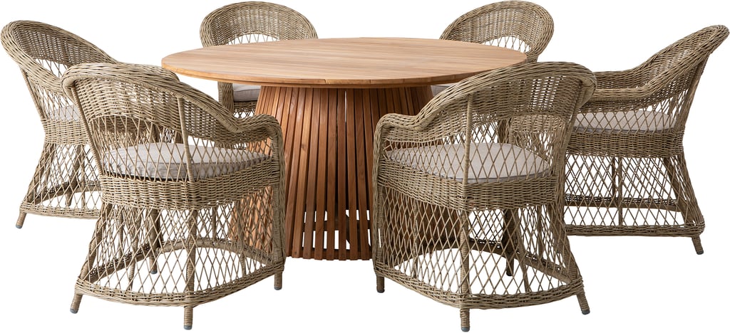 Deco & Leona ruokailuryhmä pyöreä 150cm kuudelle: Tyylikäs pyöreä ruokailuryhmä ulkokäyttöön, 150 cm tiikkipöytä ja kuusi beigeä Leona-tuolia mukavilla pehmusteilla. Täydellinen terassille!