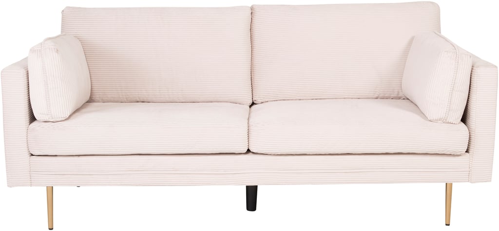 Boom 3-ist. sohva beige vakosametti: Tyylikäs 3-istuttava sohva beige raidoilla, pehmeä vakosametti, täydellinen olohuoneen keskipisteeksi. Mukava istua ja kaunis sisustuselementti.