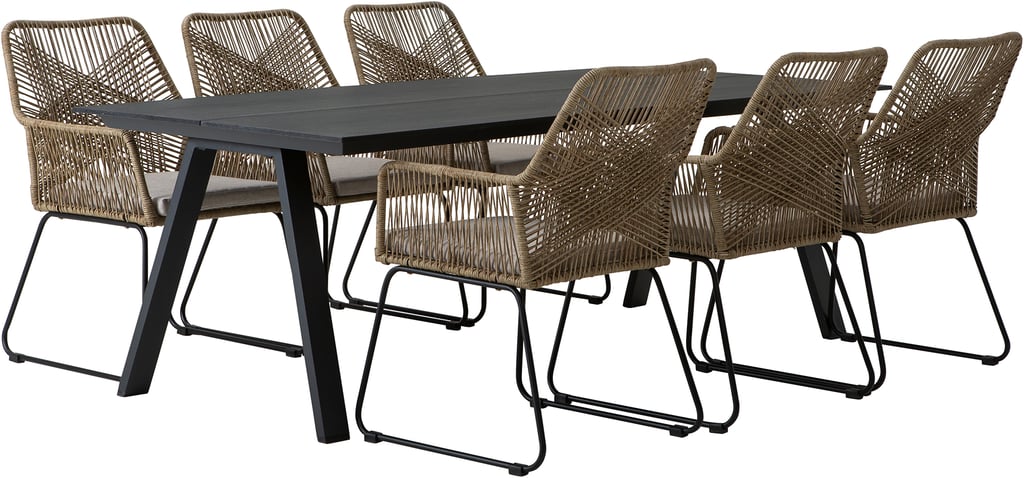 Messina & Maren ruokailuryhmä 220x100 kuudelle: Tyylikäs ulkoruokailuryhmä, sisältää mustan pöydän (220x100 cm) ja kuusi beigeä tuolia. Täydellinen terassille tai puutarhaan.