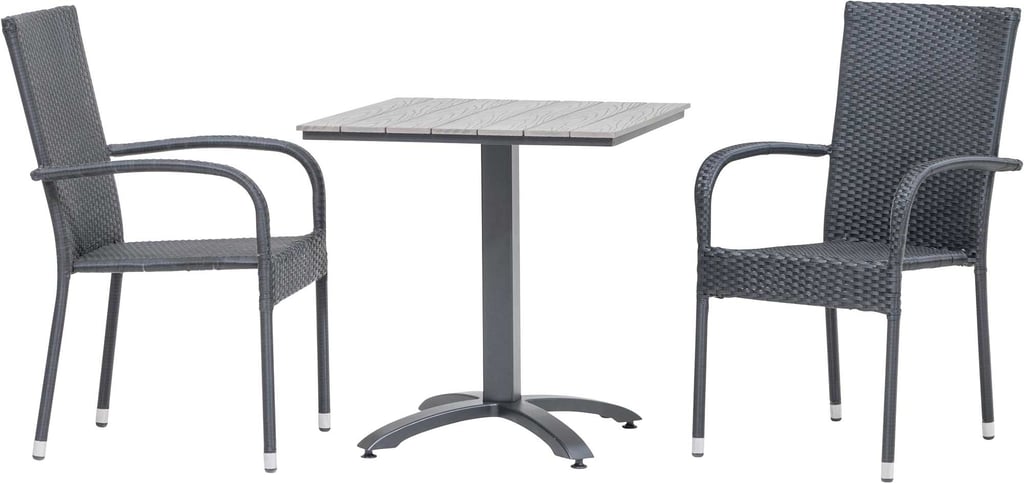 Dakota & Palma ruokaryhmä (1+2): Tyylikäs musta ruokailupöytä ja tuoli setti ulkokäyttöön, täydellinen parvekkeelle tai terassille. Kestävä ja moderni design.