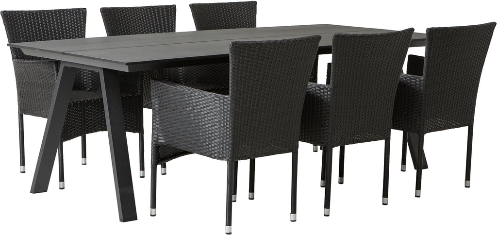 Messina & Bolton ruokailuryhmä 220x100 kuudelle Musta tuoli: Tyylikäs musta ruokailuryhmä ulos, sisältää 220x100 cm pöydän ja 6 Bolton-tuolia. Erinomainen valinta terassille tai puutarhaan. Kestävä ja moderni design.