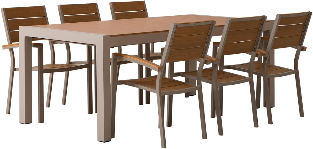 Albury ruokailuryhmä jatkettava 205/275x95cm kahdeksalle: Tyylikäs ulkoruokailuryhmä, jossa jatkopöytä (205-275 cm) ja 8 tuolia. Alumiinirunko, tiikkipintaa, taupe-väri. Täydellinen terassille!