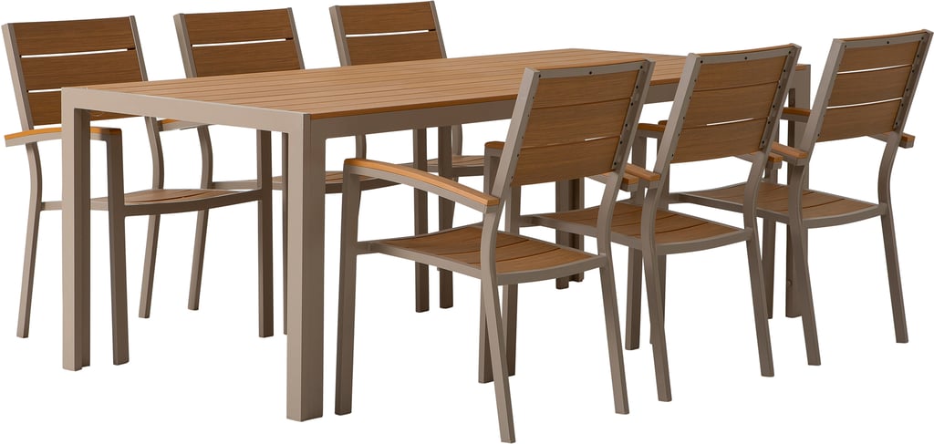 Albury ruokailuryhmä 205x90 kuudelle: Tyylikäs ulkoruokailuryhmä, jossa taupe-värinen alumiinipöytä ja tiikki-tuolit. Täydellinen terassille tai puutarhaan rentoutumiseen ja aterioimiseen.