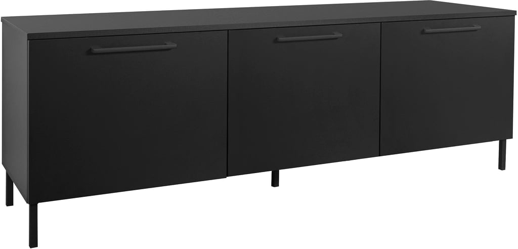 Nauvo TV-taso 166 cm (3 ovea): Tyylikäs musta TV-taso, jossa lisäovi, 166 cm leveä. Sopii täydellisesti olohuoneen säilytykseen ja moderniin sisustukseen.
