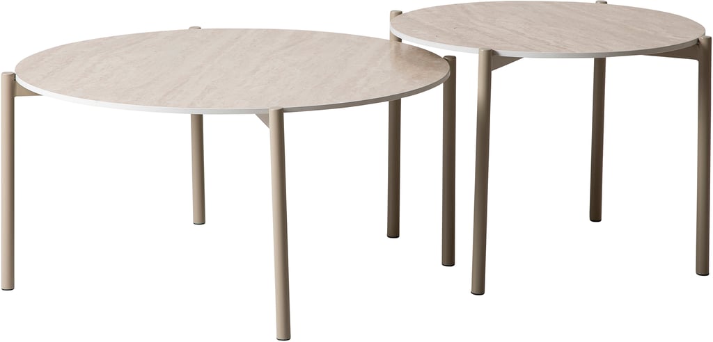 Tilda tilda sarjapöydät pyöreä 85x40 + 65x45, beige kivi / metallijalat