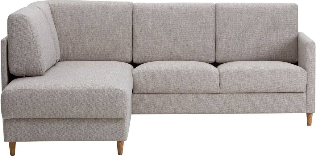 Nobe avokulmavuodesohva vasen, beige, saarni jalka: Tyylikäs avokulmavuodesohva beige sävyssä, täydellinen olohuoneeseen. Innovatiivinen design yhdistää mukavuuden ja käytännöllisyyden, muuntuu helposti vuoteeksi.