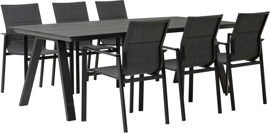 Messina & Newark ruokailuryhmä 220x100 kuudelle Musta pinottava tuoli: Tyylikäs musta ruokailuryhmä ulos, sisältäen 220x100 cm pöydän ja kuusi pinottavaa tuolia. Ihanteellinen terassille tai puutarhaan.