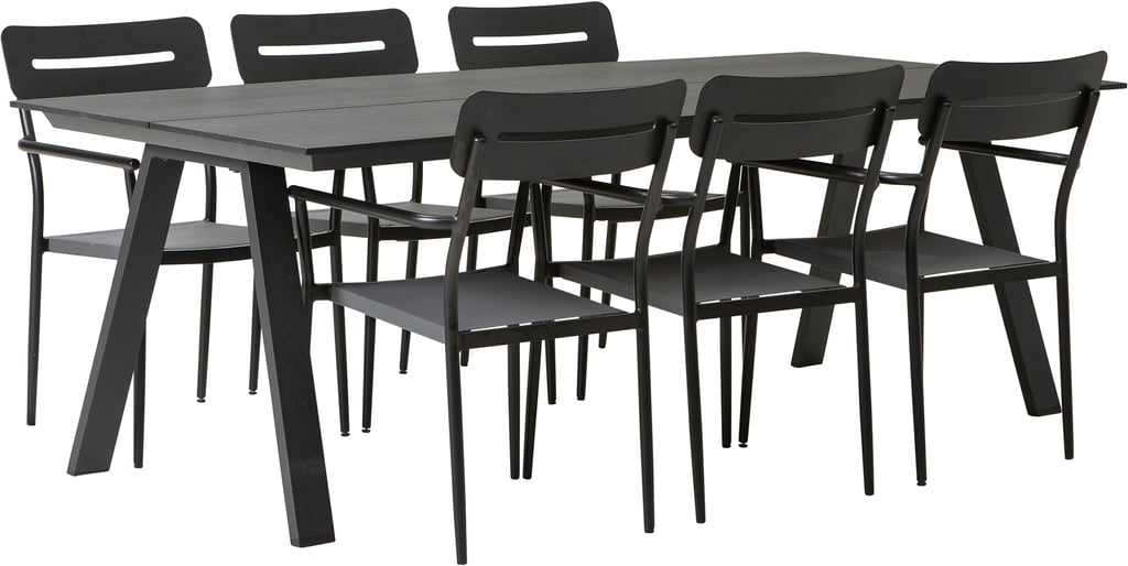 Messina & Isabella ruokailuryhmä 220x100 kuudelle, musta/harmaa: Tyylikäs musta-harmaa ruokailuryhmä ulkokäyttöön, suunniteltu kuudelle hengelle. Erinomainen valinta terassille tai puutarhaan. Kestävä ja trendikäs!
