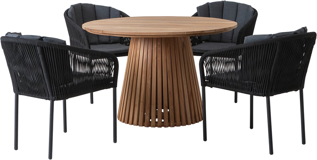 Deco & Victoria ruokailuryhmä pyöreä 120cm neljälle: Tyylikäs, pyöreä ruokailupöytä (120 cm) luonnontiikistä, täydellinen terassille. Mukana 4 mustaa Victoria-tuolia pehmusteilla ulkokäyttöön.