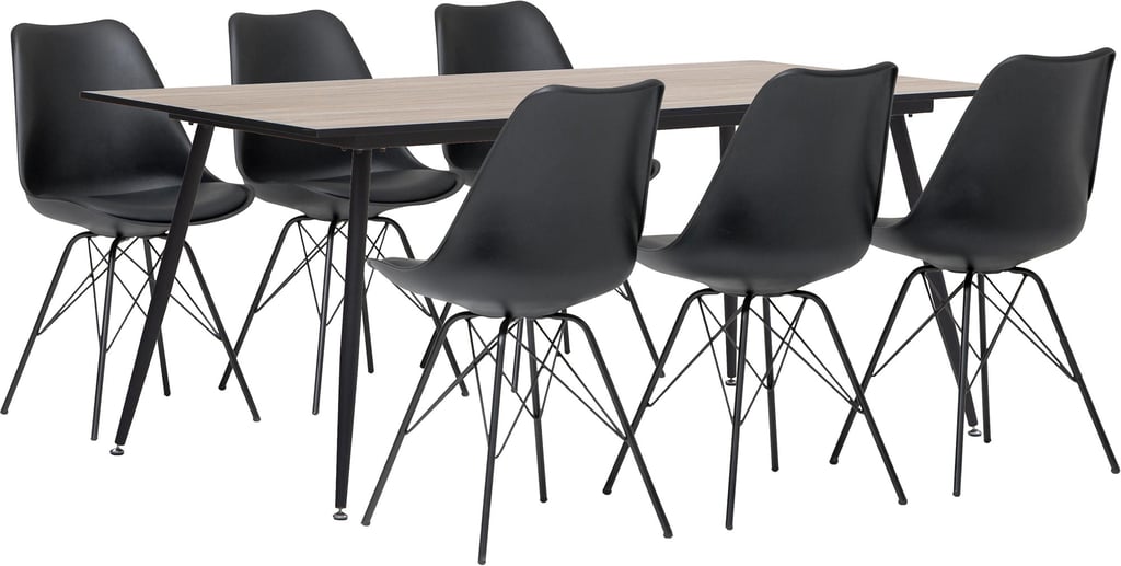 Montpellier & Concept Black ruokailuryhmä (1+6): Montpellier-ruokapöytä, 180 cm, moderni musta design, täydellinen ruokailutilaan kuudelle. Tyylikäs ja kestävä valinta.