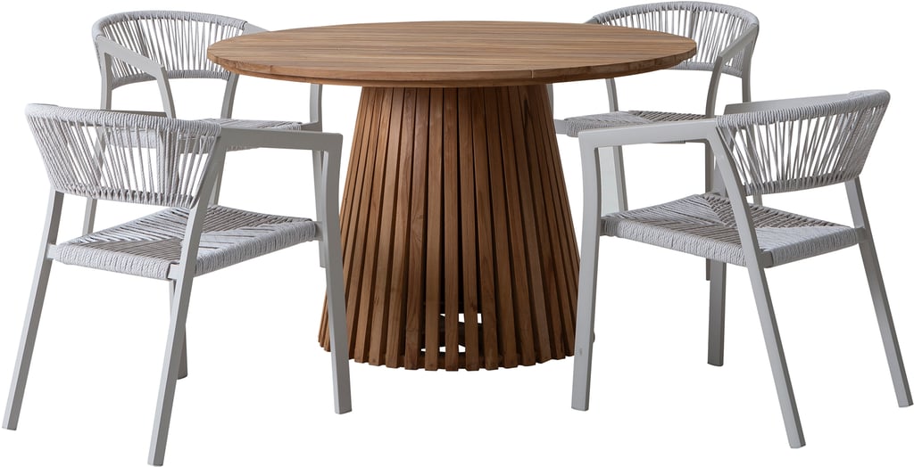 Deco & Elegance ruokailuryhmä pyöreä 120cm neljälle: Tyylikäs pyöreä ruokapöytä, halkaisija 120 cm, luonnollista tiikkiä. Mukana neljä pinottavaa Elegance-tuolia taupe-värissä. Erinomainen valinta terassille tai ulkoilma-ruokailutiloihin.
