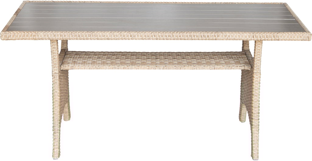 Savona sohvapöytä 144x67cm, harmaa/beige polyrottinki: Tyylikäs Savona-sohvapöytä, 144x67 cm, vaaleanharmaasta polyrottinkista. Sopii täydellisesti terassille tai puutarhaan. Kestävä ja elegantti valinta ulkokalusteisiin.