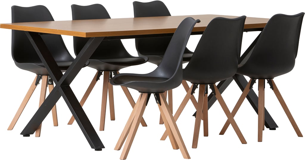 Cenni & Concept Oak ruokailuryhmä 190x90 kuudelle: Tyylikäs ruokapöytä kuudelle, tammen värinen melamiini ja mustat jalat. Sopii täydellisesti moderniin ruokailutilaan.